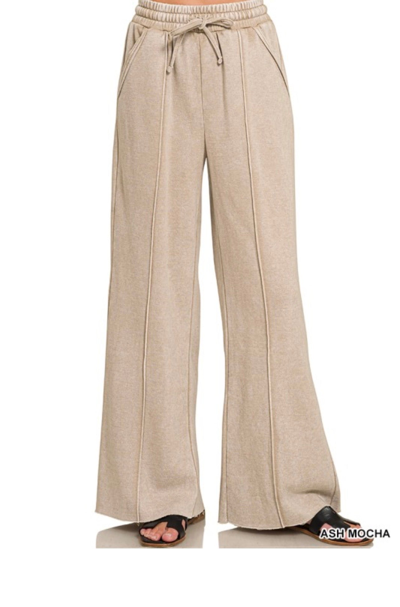 Acid washed fleece pintuck wide leg pants
