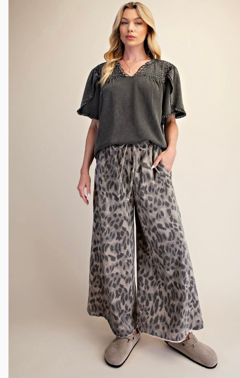 Animal print washed terry pants