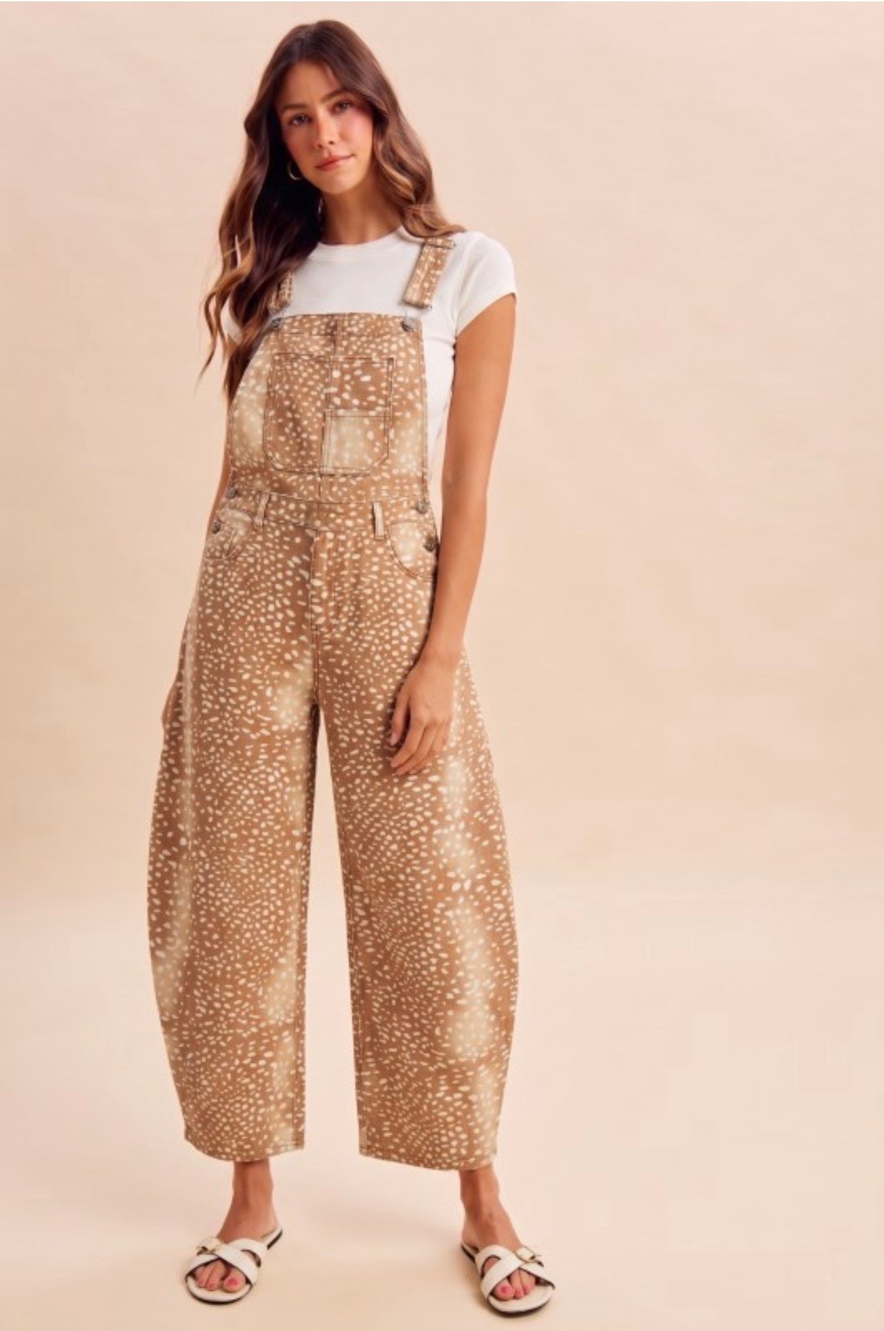 Deer Bambi print barrel denim overall