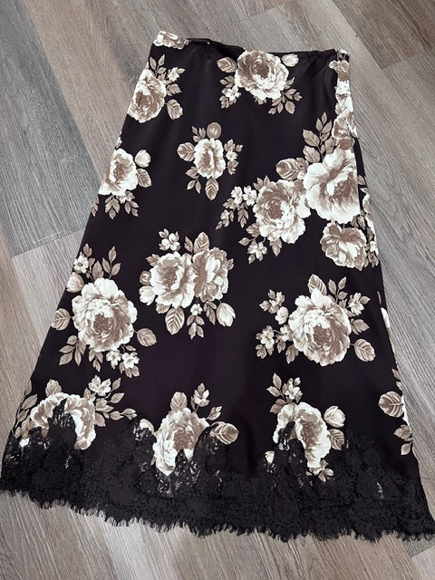 lace trim midi skirt with side zipper