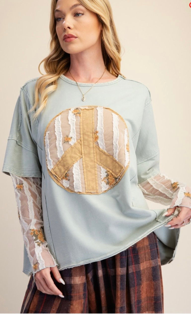 Peace patch washed knit top