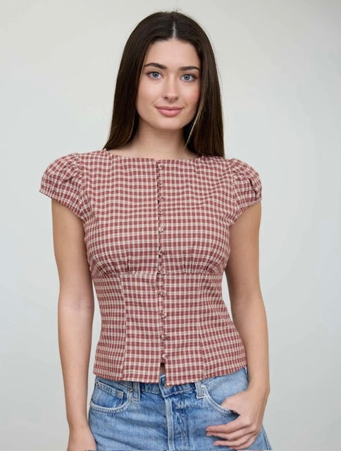 Plaid button down puff sleeve