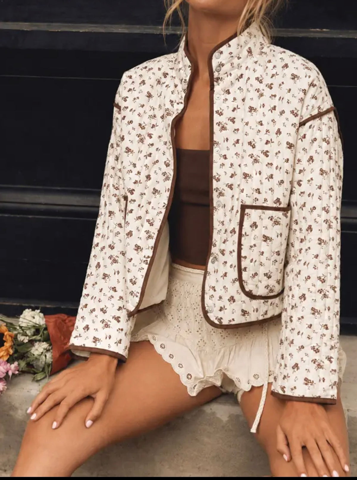 Floral print snap button quilt jacket