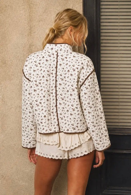Floral print snap button quilt jacket