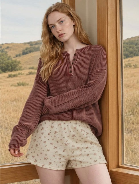 Washed ribbed henley sweater