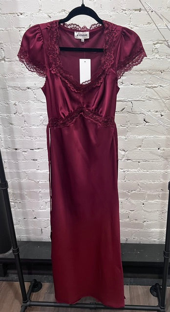 Lace trim satin midi dress