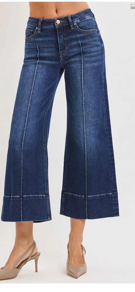 Risen tummy control midrise crop wide pintuck jeans