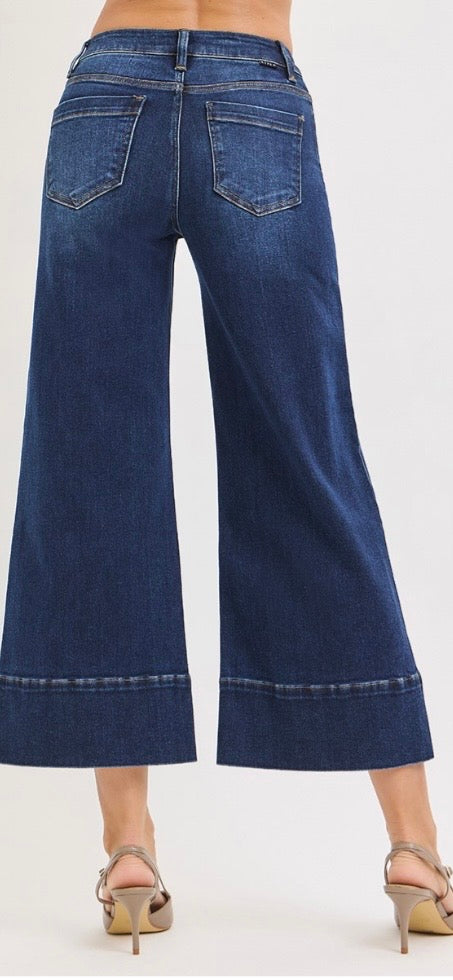 Risen tummy control midrise crop wide pintuck jeans