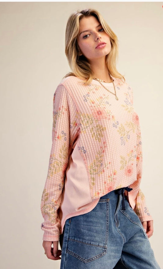 Printed washed thermal knit top