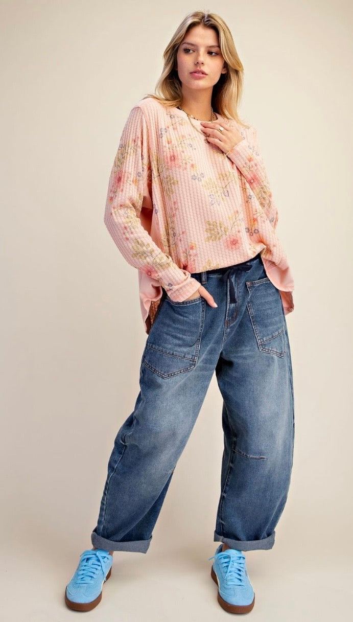 Printed washed thermal knit top