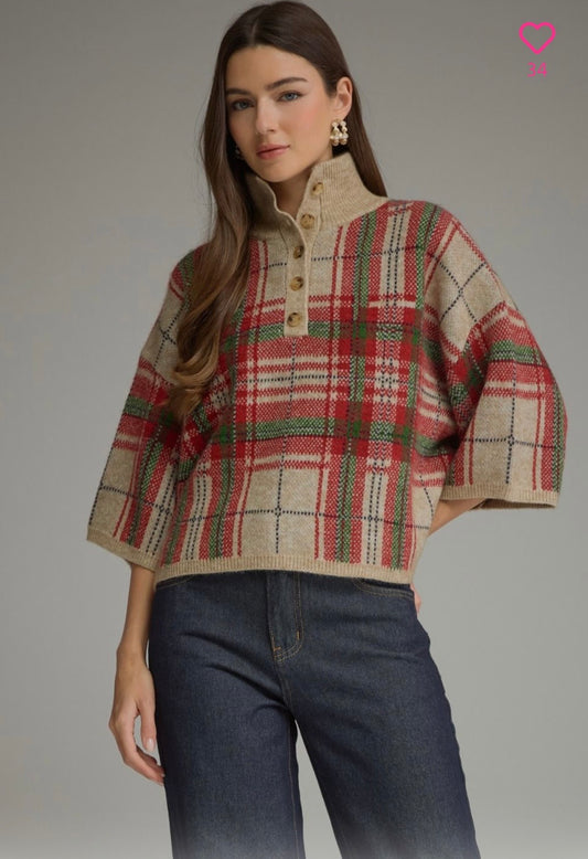 Plaid 3/4 sleeve sweater