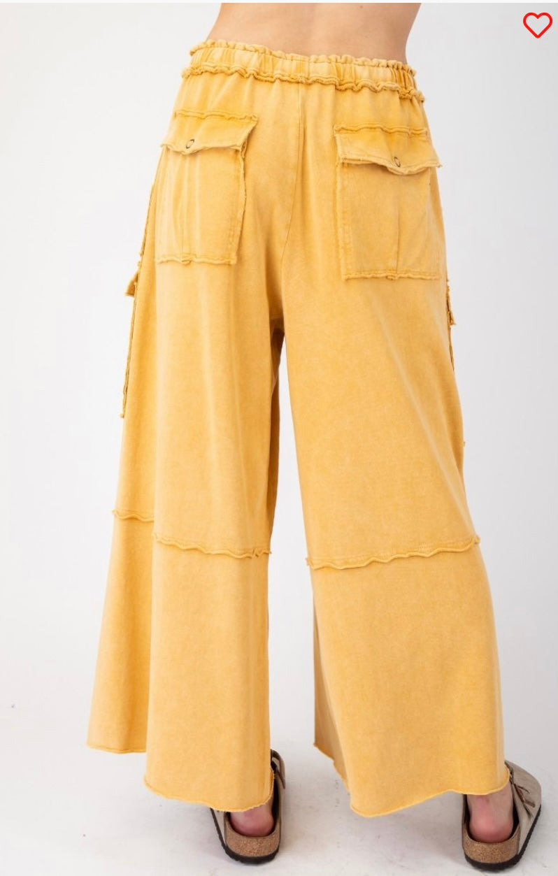 Washed wide leg terry cargo pants