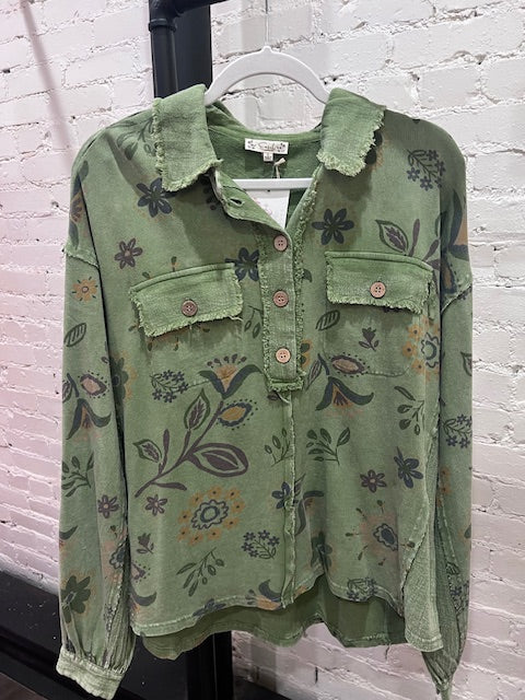Floral printed washed terry pullover
