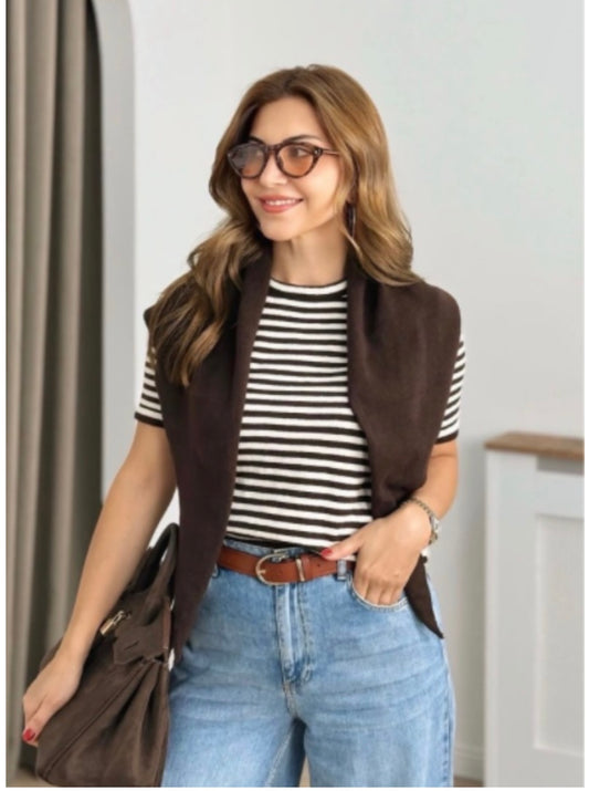 Short sleeve striped sweater w/ scarf