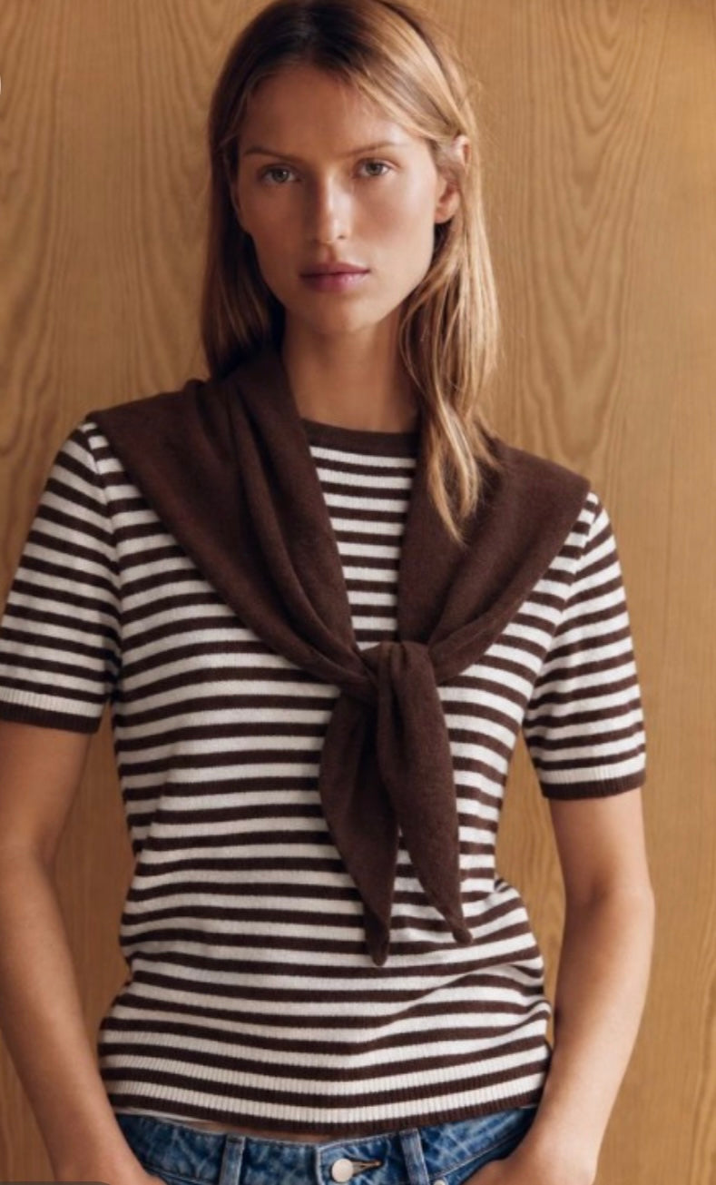 Short sleeve striped sweater w/ scarf