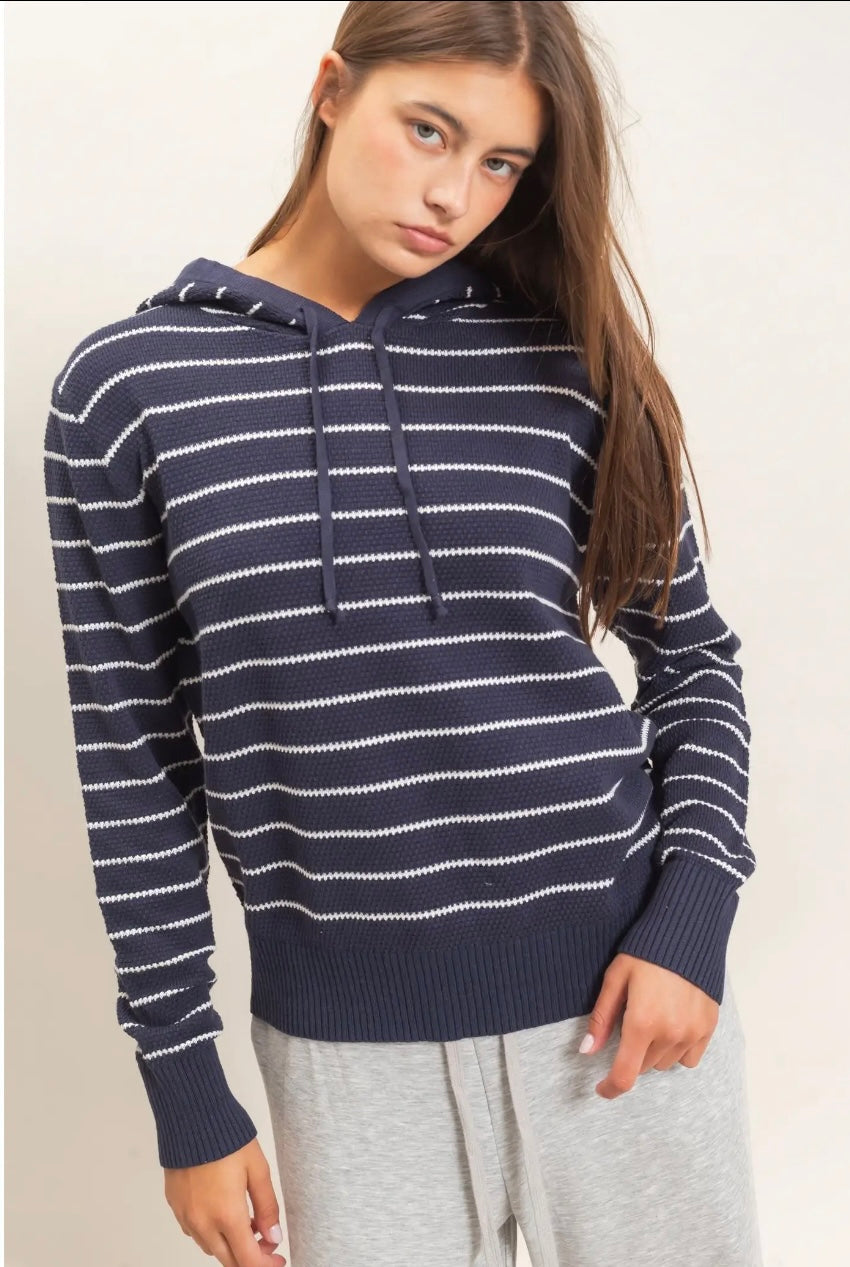 Navy striped hooded top