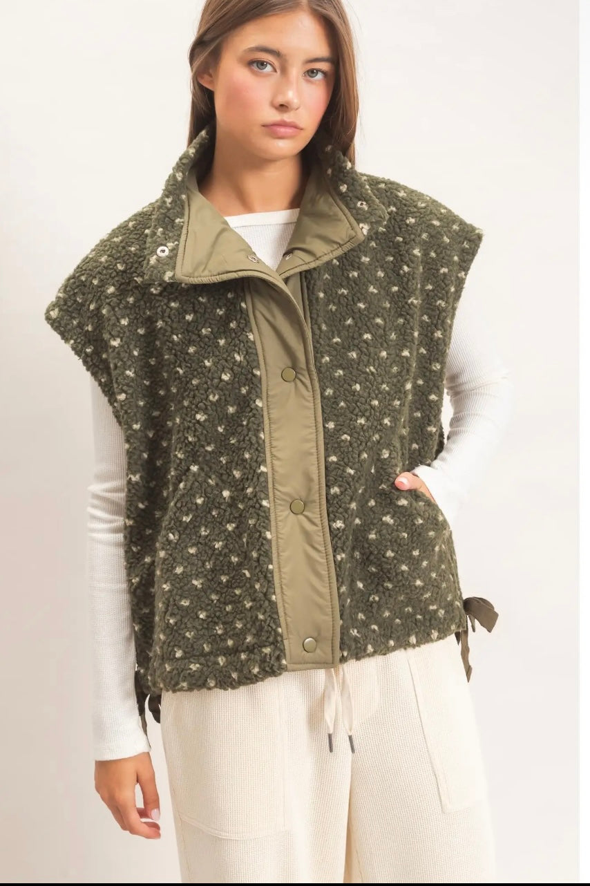 Green polka dot sherpa vest