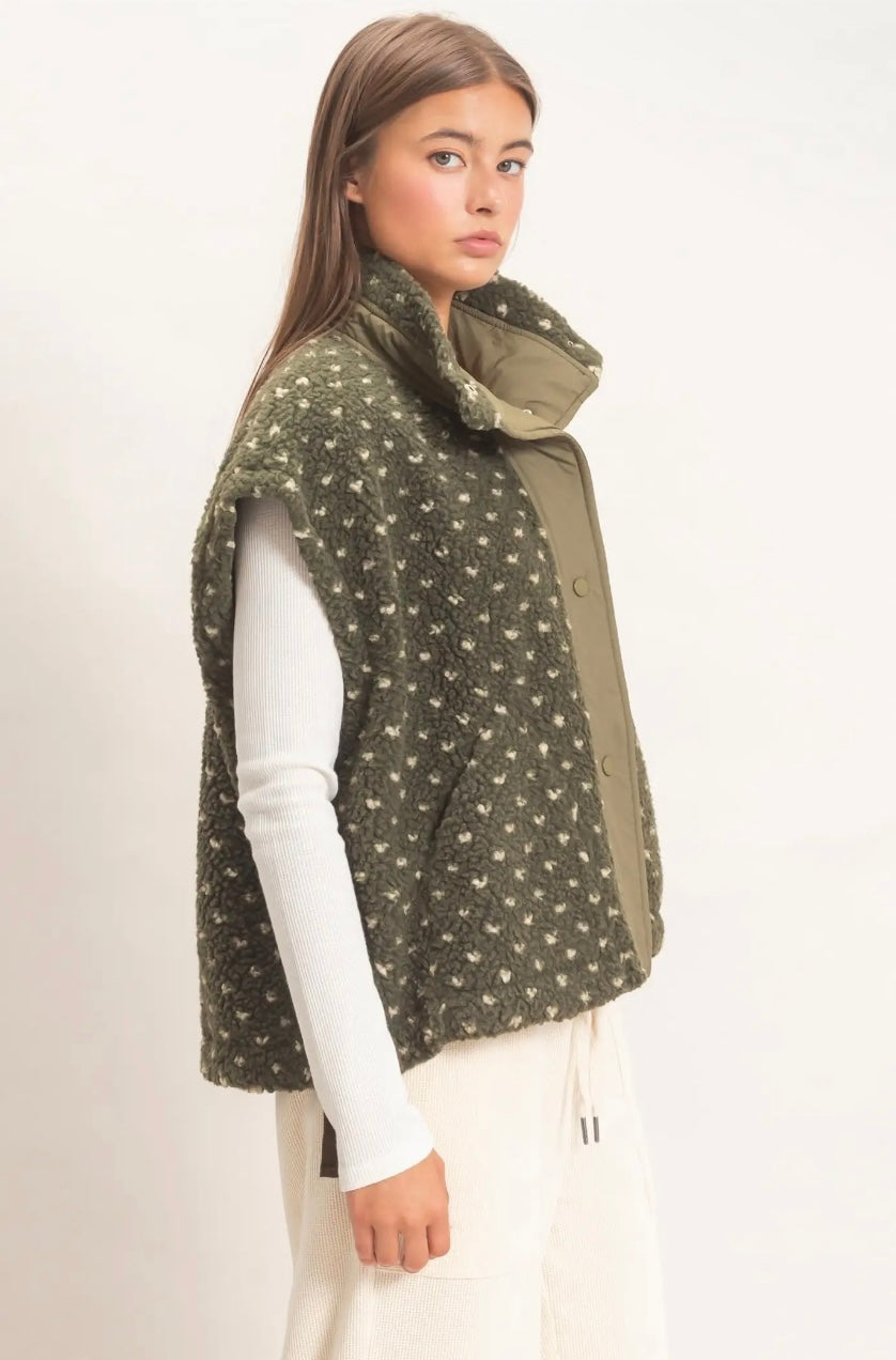 Green polka dot sherpa vest