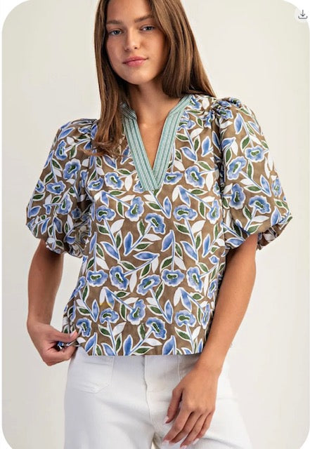 Botanical puff sleeve blouse top