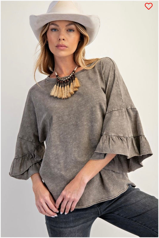 Wing ruffle sleeves washed cotton slub top