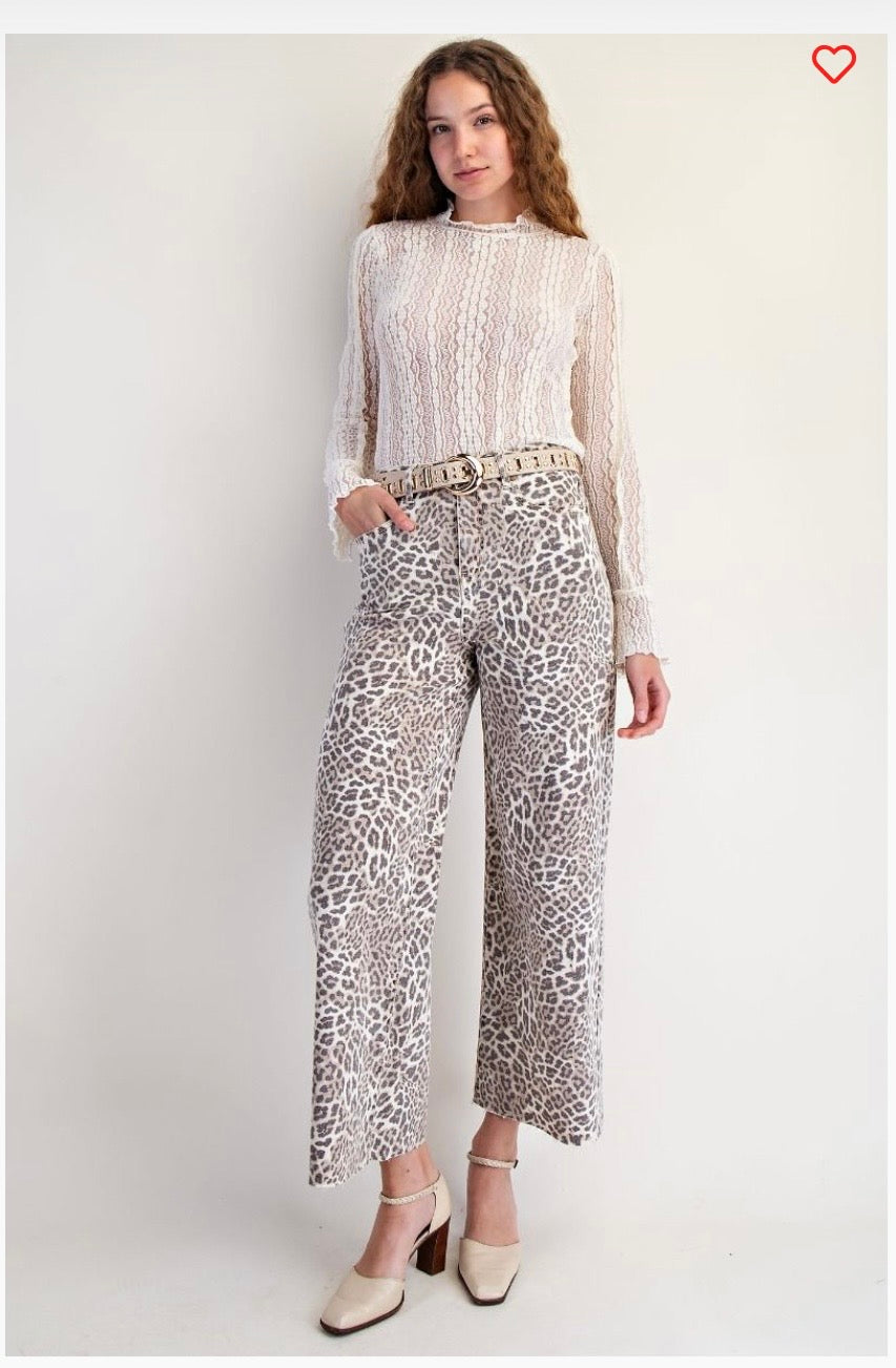 Washed animal print twill pants