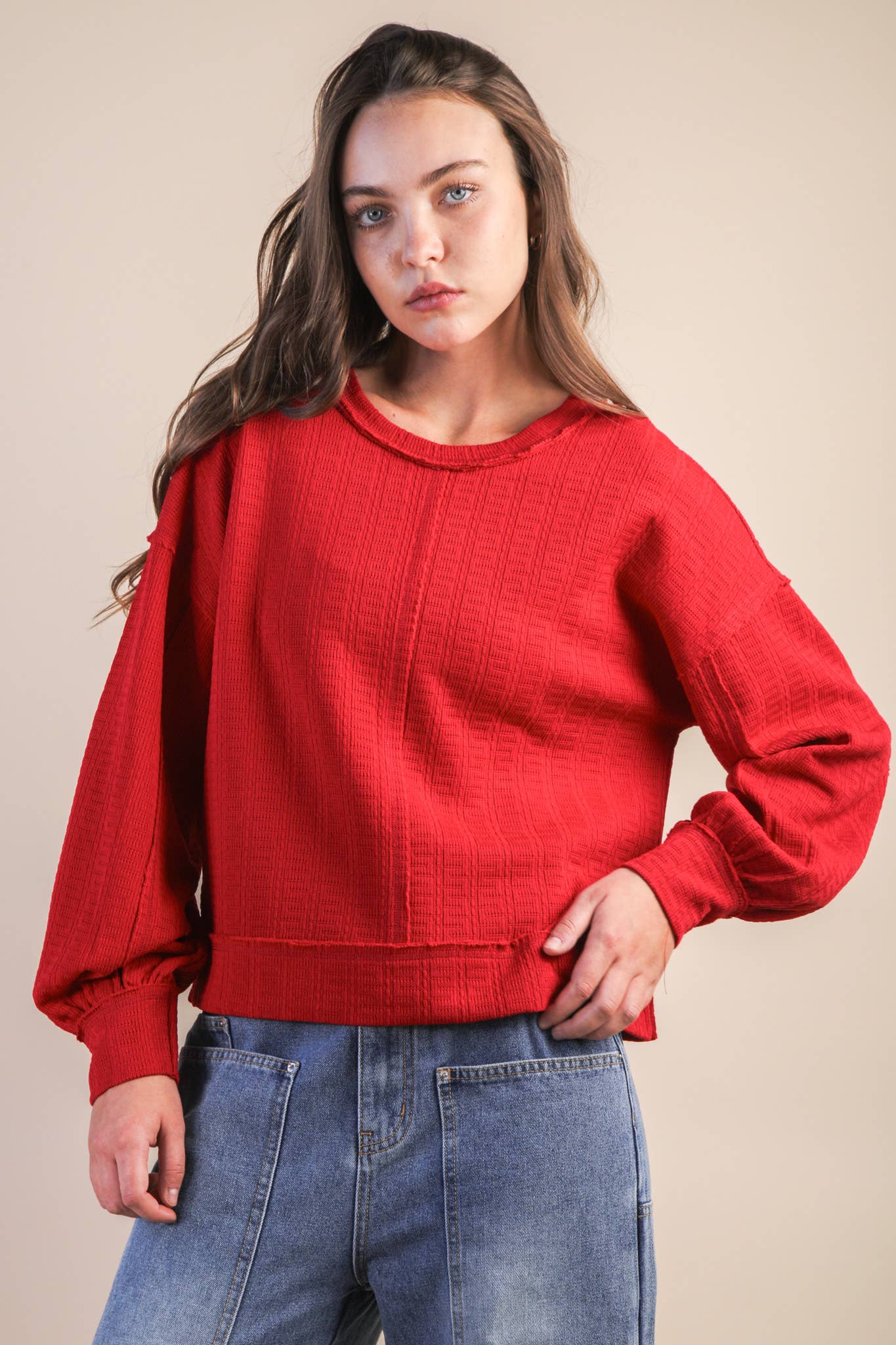 VERY J - NT12413-Raw Edge Detail Oversized Textured Knit Top