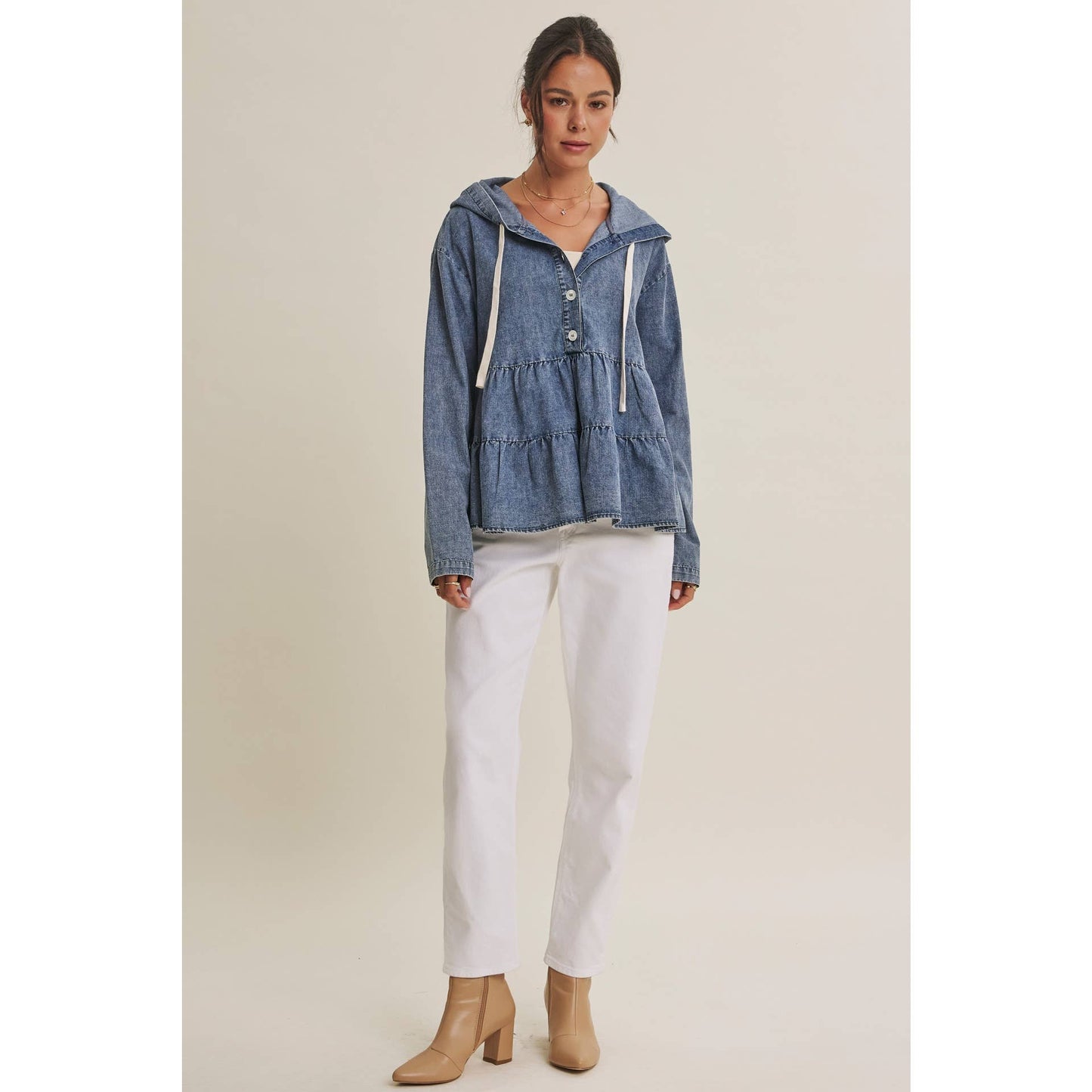 in february - DUSTY ROAD MINERAL-WASHED HOODED TIERED RUFFLES DENIM TOP