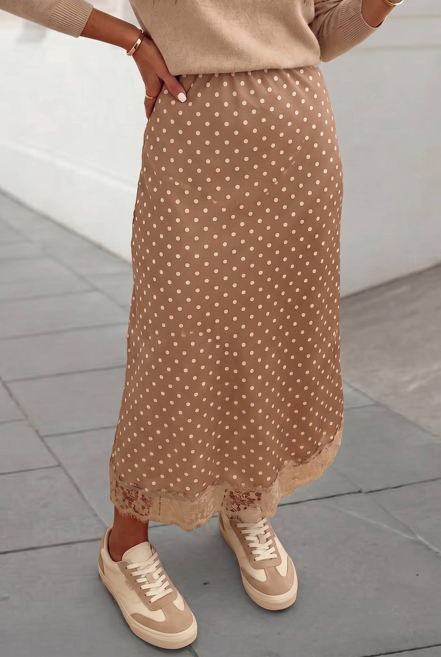 Aapparella - Polka Dot Pirnt Lace Hem Elegant Shift Midi Skirt | S-XL
