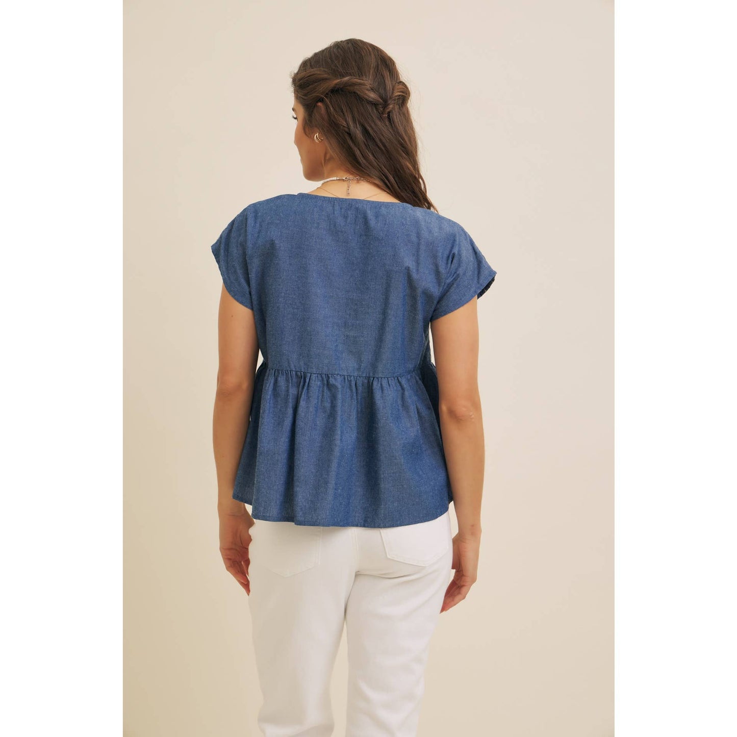 EMBROIDERY BABYDOLL DENIM BLOUSE TOP WITH ROUND SPLIT NECK