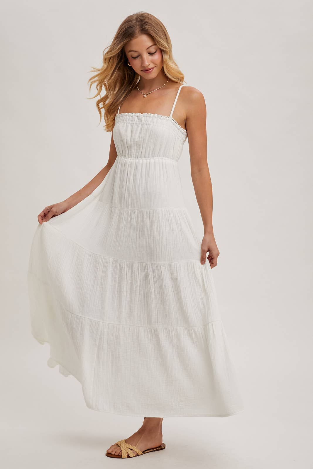 SMOCKED RUFFLE TRIM TIERED MAXI SUNDRES