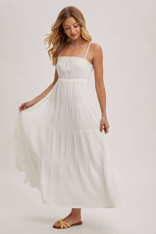 SMOCKED RUFFLE TRIM TIERED MAXI SUNDRES