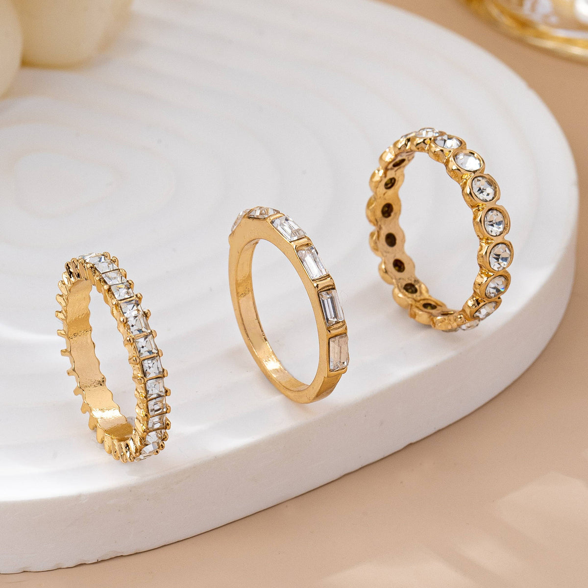 JOSSLYN by wall to wall - Gold-Tone Triple Crystal Stacking Ring Set | 80R176