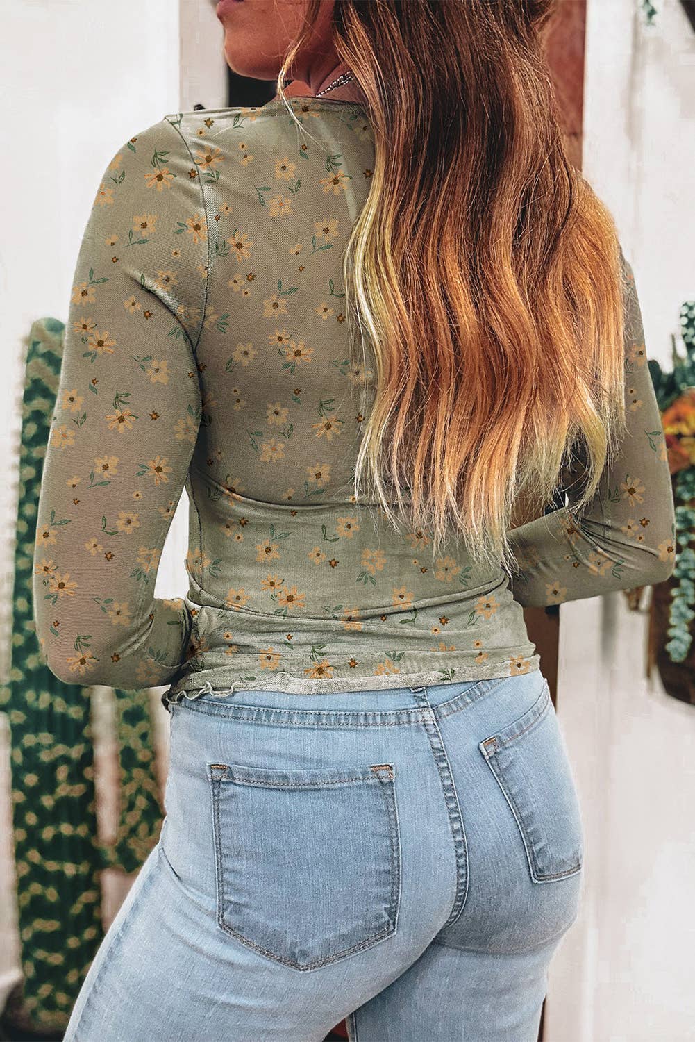 66DISCO - Western Vintage Floral Southern Style Mesh Long Sleeve Top