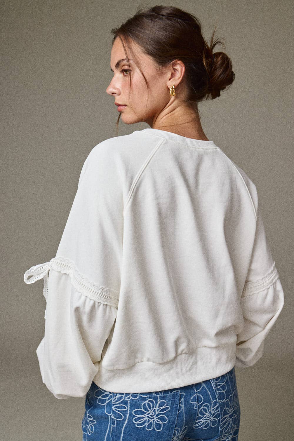 PT18996 - Bow Sleeve Sweatshirt- Lace Trim Detail