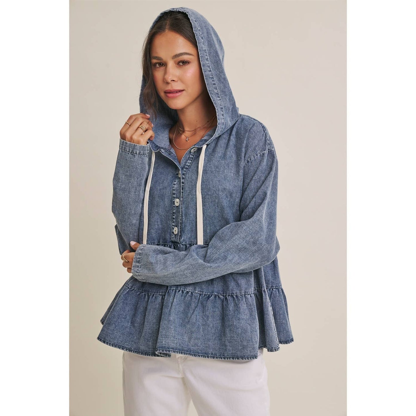 in february - DUSTY ROAD MINERAL-WASHED HOODED TIERED RUFFLES DENIM TOP