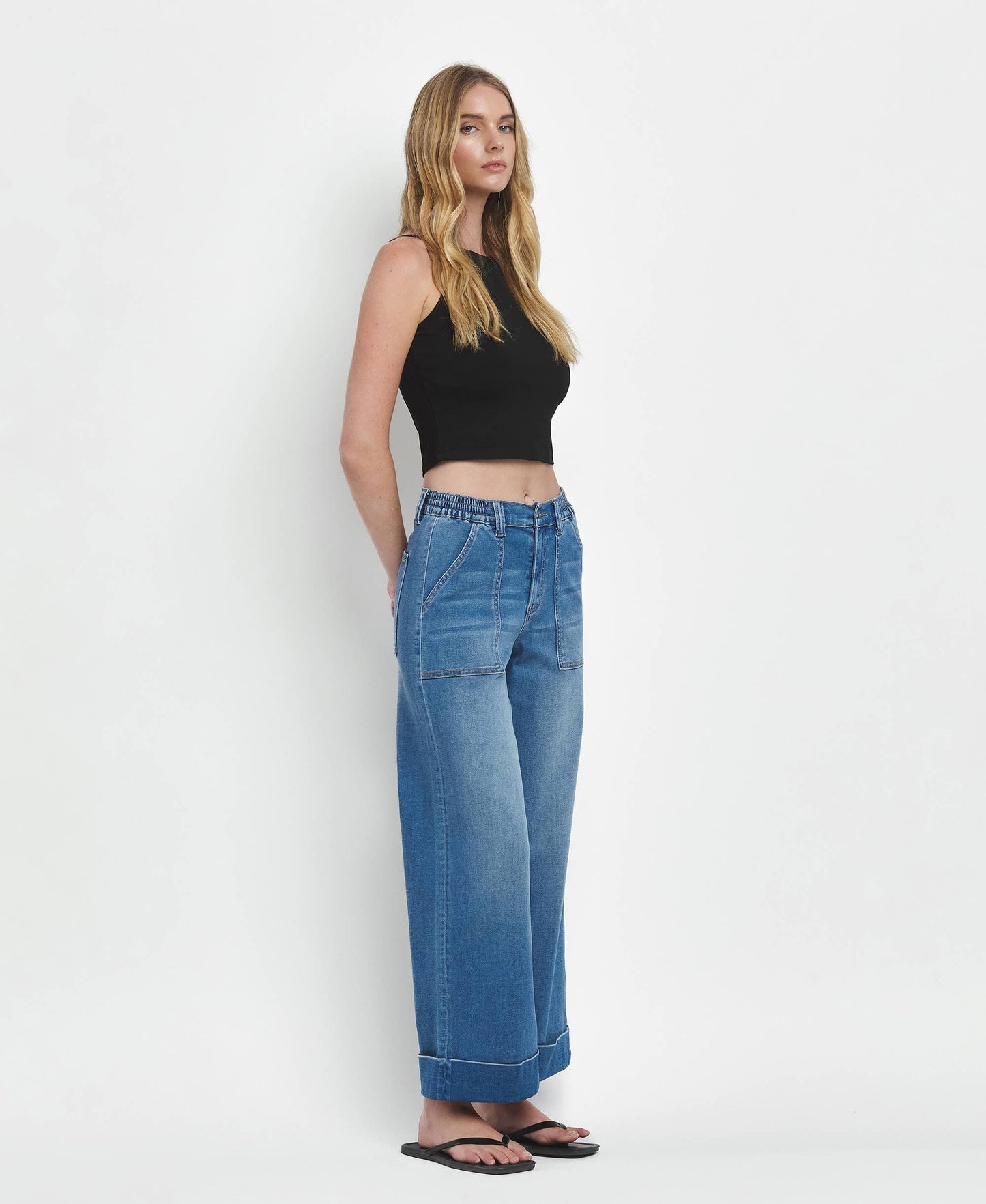 HIGH RISE DOUBLE CUFFED BAGGY WIDE JEANS V3589