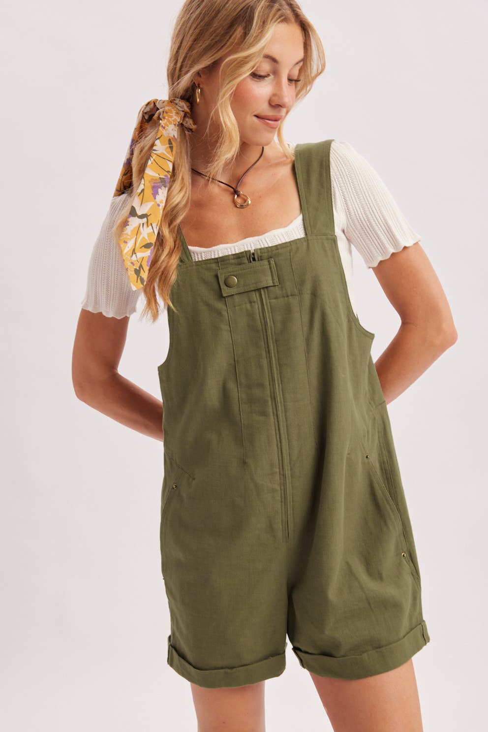 ZIPPER FRONT SNAP BUTTON SQUARE NECK SHORTALLS
