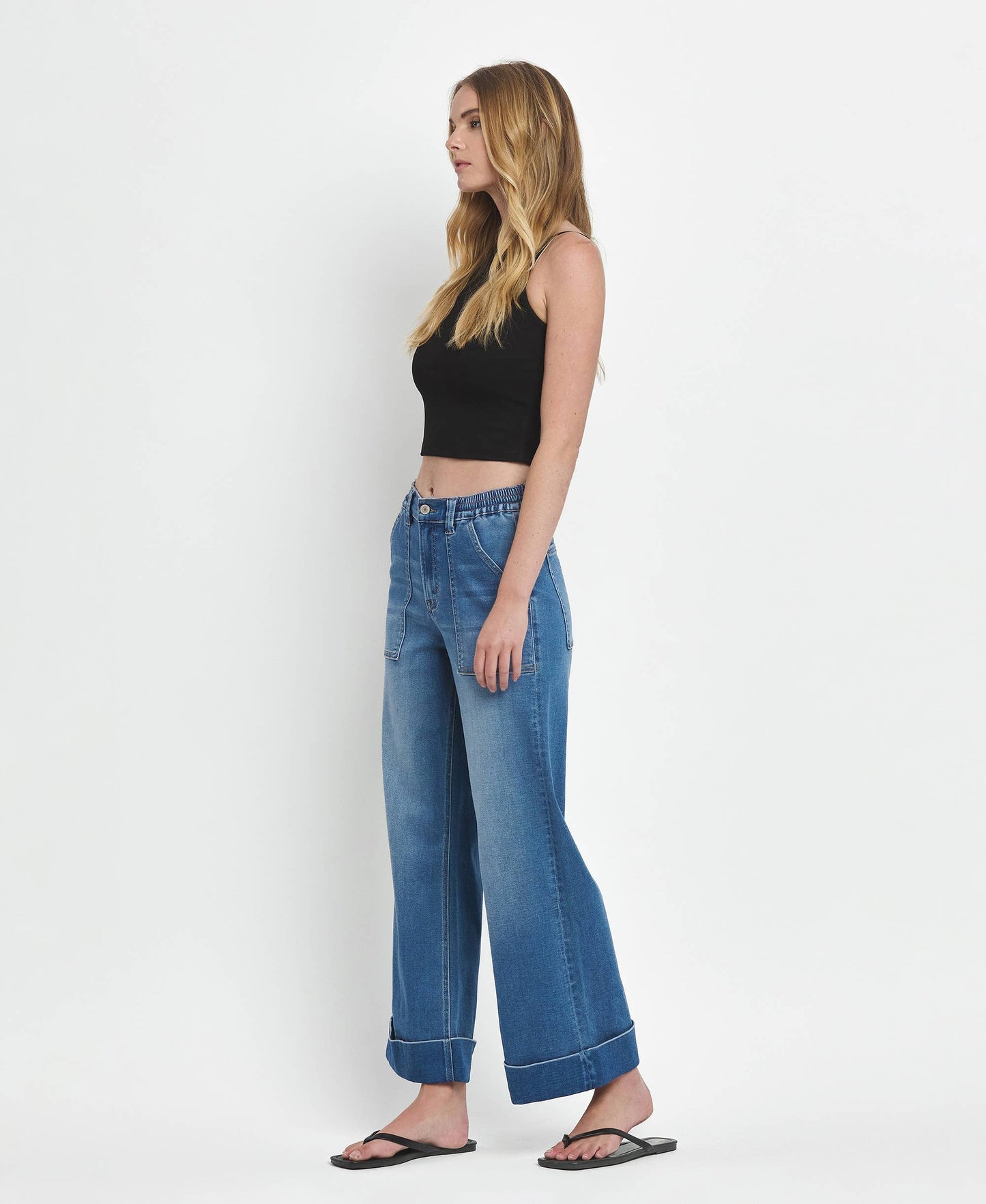HIGH RISE DOUBLE CUFFED BAGGY WIDE JEANS V3589
