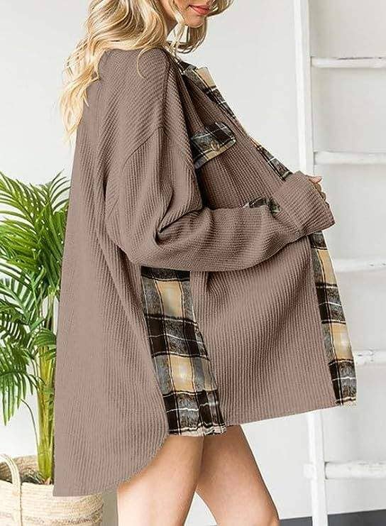 Sleeve top melliflo waffle knit plaid shacket