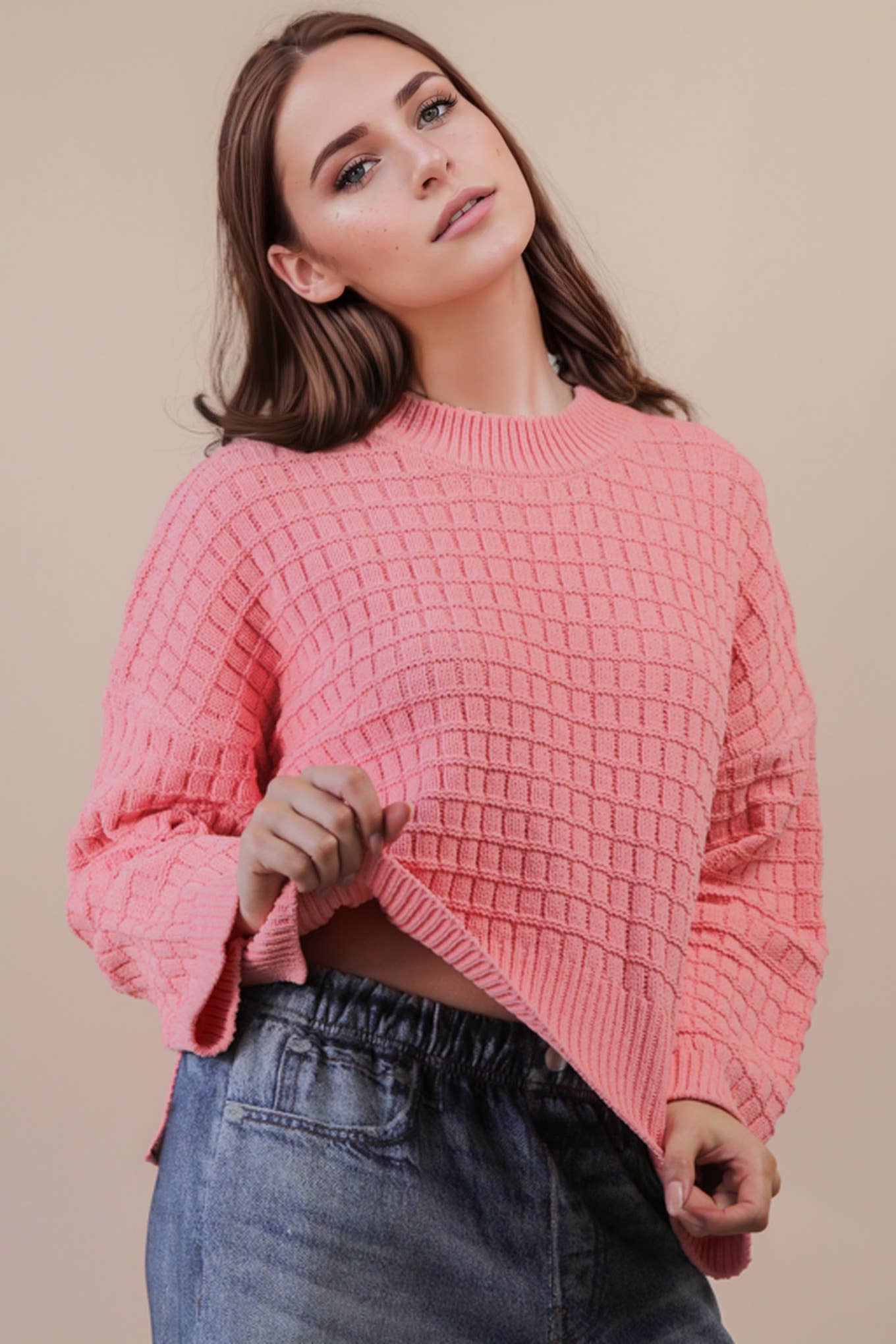 12W3518N-Oversized Textured Solid Casual Knit Sweater Top