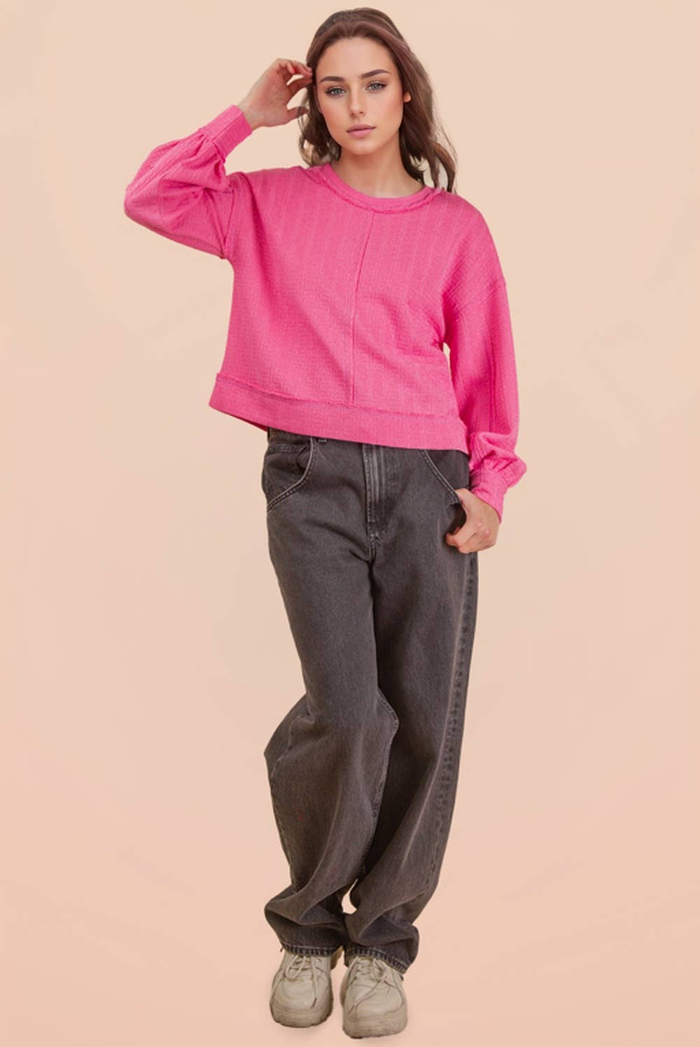 VERY J - NT12413-Raw Edge Detail Oversized Textured Knit Top