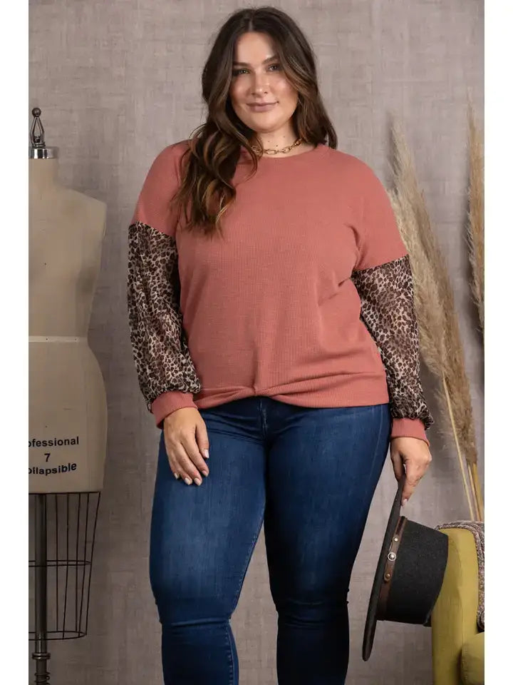 MAUVE ANIMAL PRINT RIB STITCH CONTRAST PLUS SIZE TOP