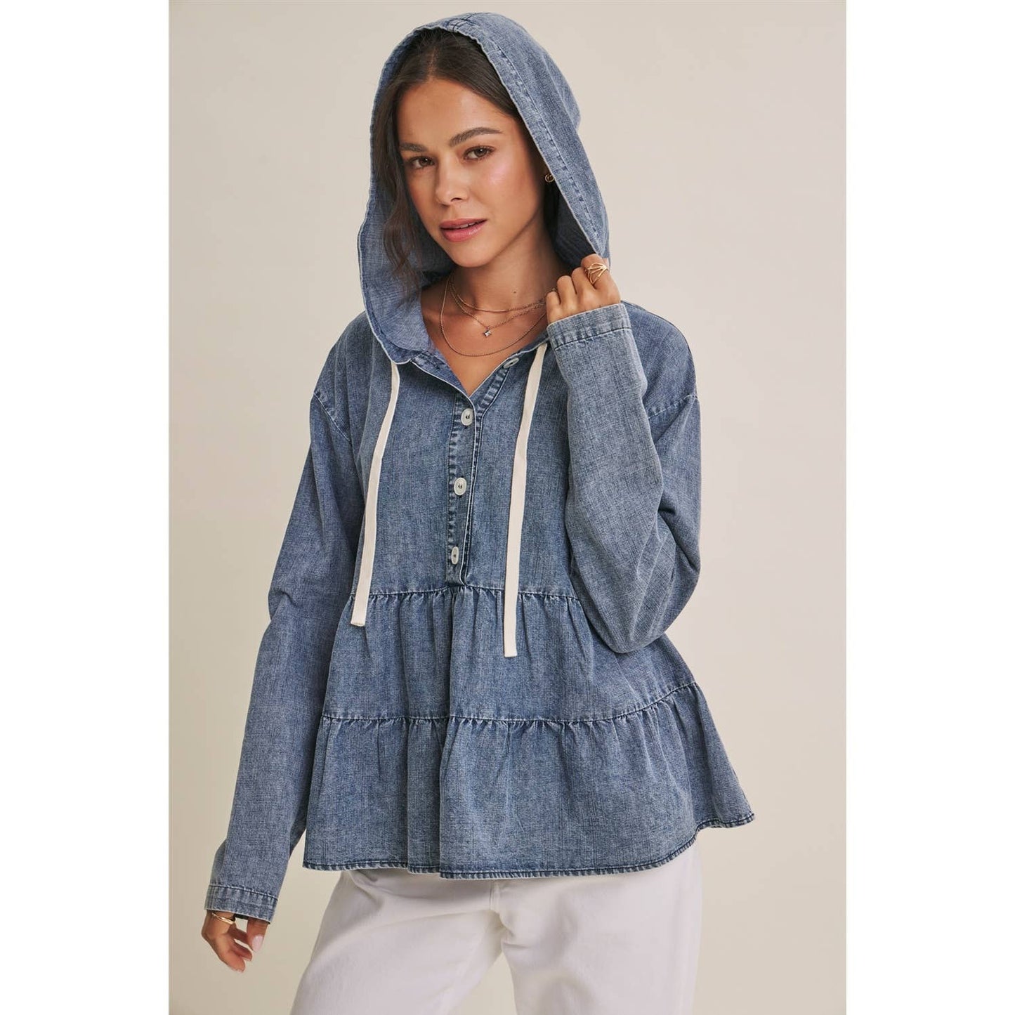in february - DUSTY ROAD MINERAL-WASHED HOODED TIERED RUFFLES DENIM TOP
