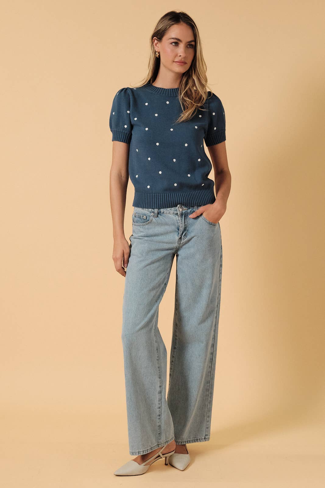 ROUND NECK PUFF SHORT SLEEVE "POLKA DOT" EMBROIDERED SWEATER