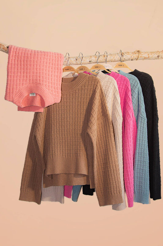 12W3518N-Oversized Textured Solid Casual Knit Sweater Top