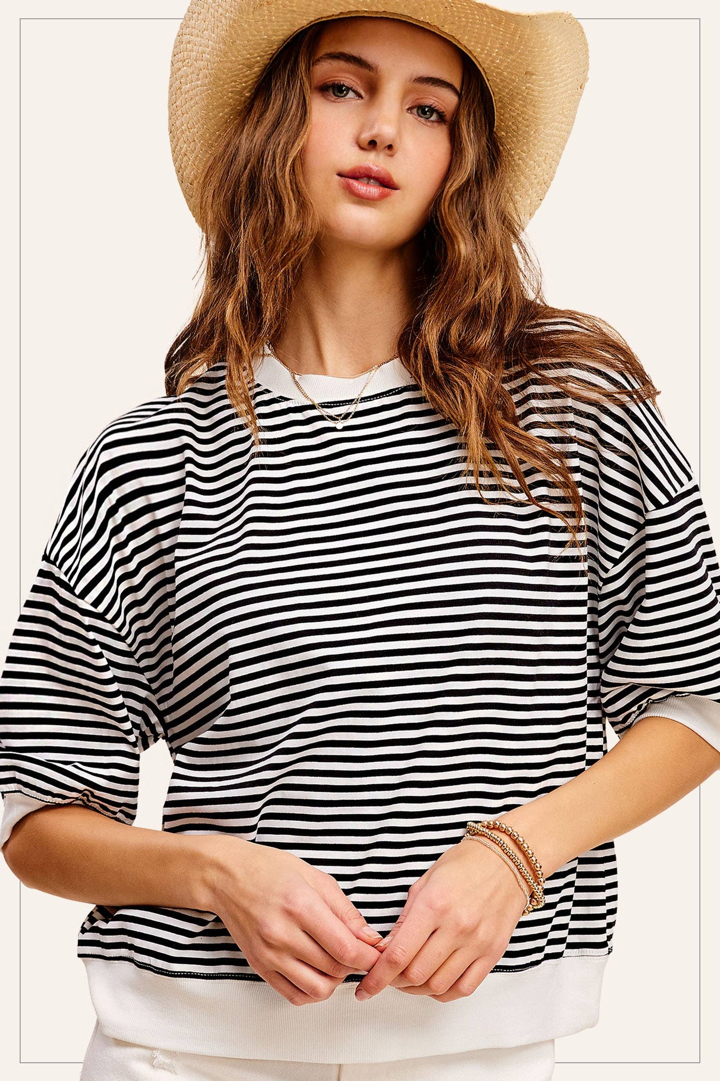 MCT7688-Loose Fit Striped Short Sleeve Crew Neckline Top
