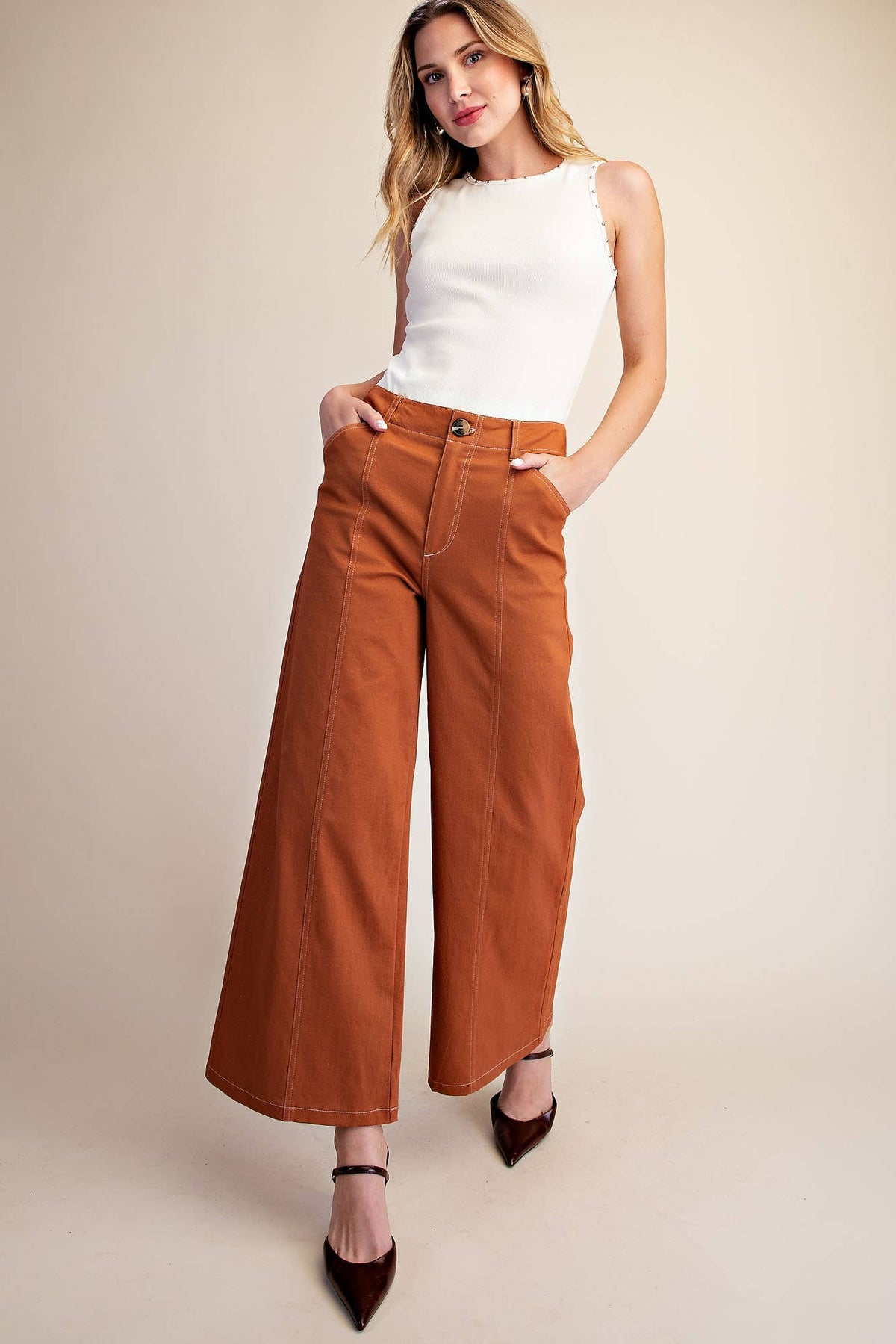 Glam - High Rise Stitch Seamed Stretch Wide Leg Pants