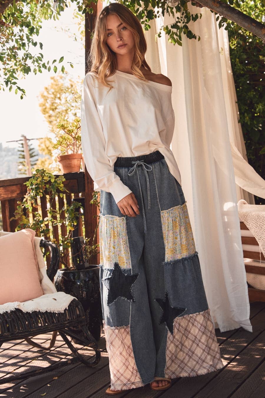 Oddi - Mixed Fabric Patchwork Wide Leg Pants