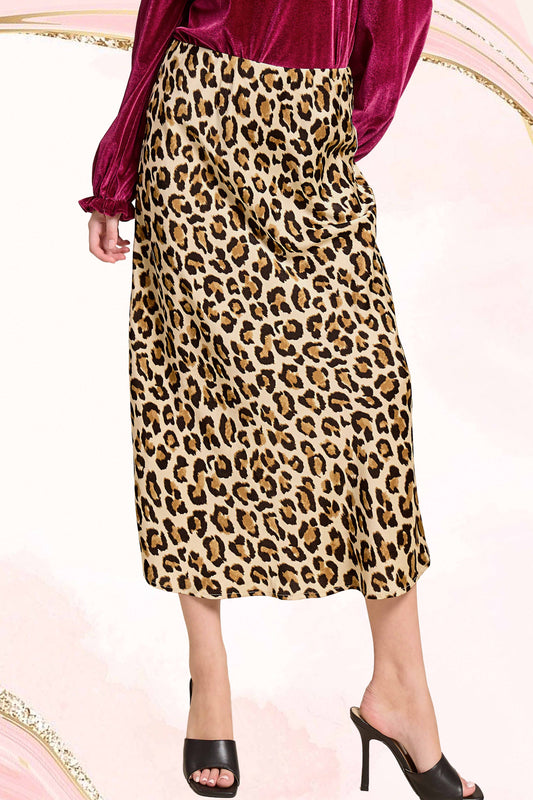 JDP4235-Leopard Dressy Satin Skirt Long Panel Skirt
