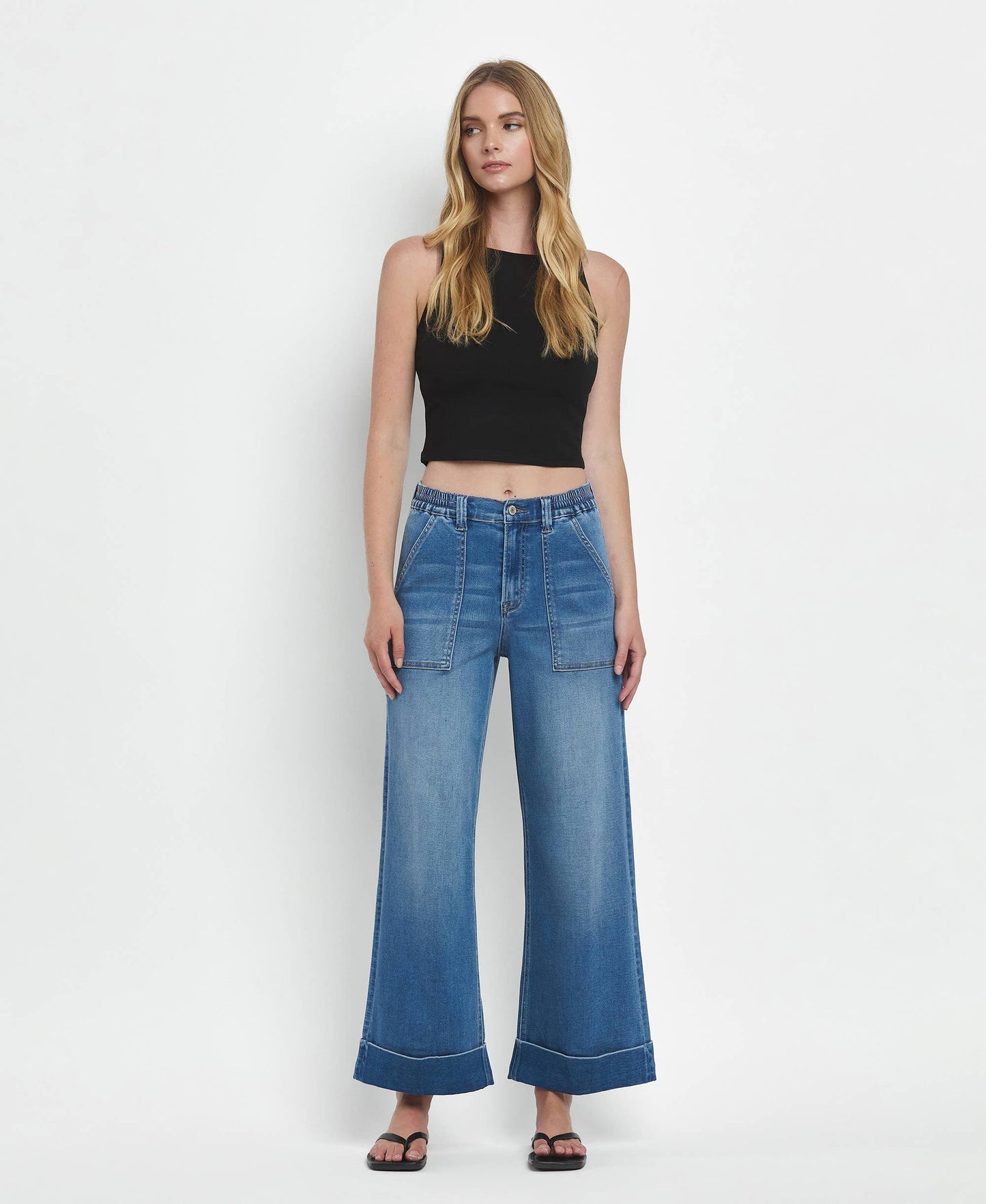 HIGH RISE DOUBLE CUFFED BAGGY WIDE JEANS V3589
